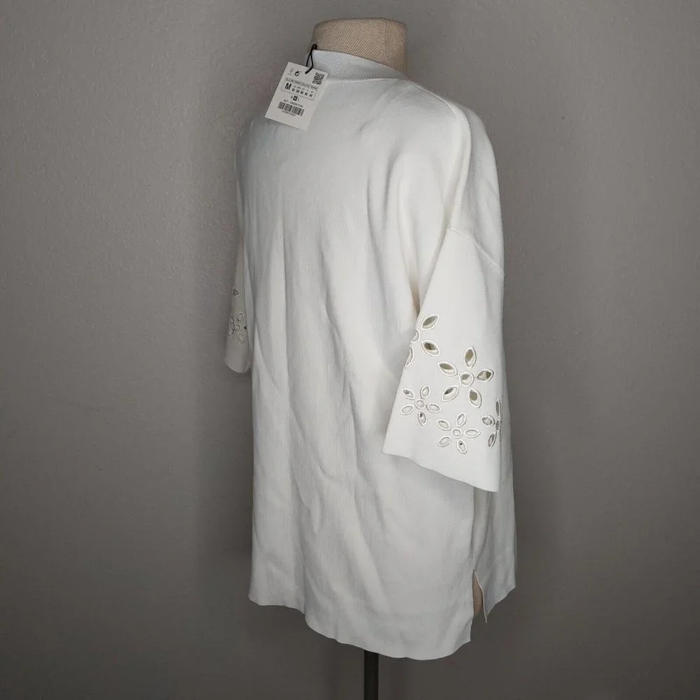 Zara Womens Top Medium Ribbed Short Sleeve Embroidered Flower Sleeves Ivory - Picture 7 of 16